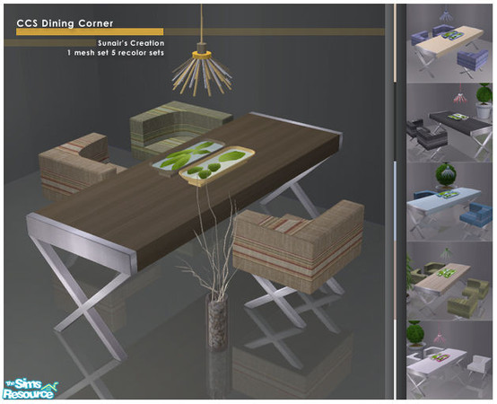 Sims 2 — CCS Dining Corner by Sunair — 1 mesh set (lightwood) and 5 recolor sets (black, blue, darkwood, nature and