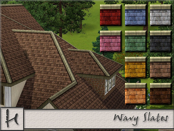Sims 3 — Wavy Slates by hatshepsut — A set of colourful roof slates with cream ridge tiles and custom trim.