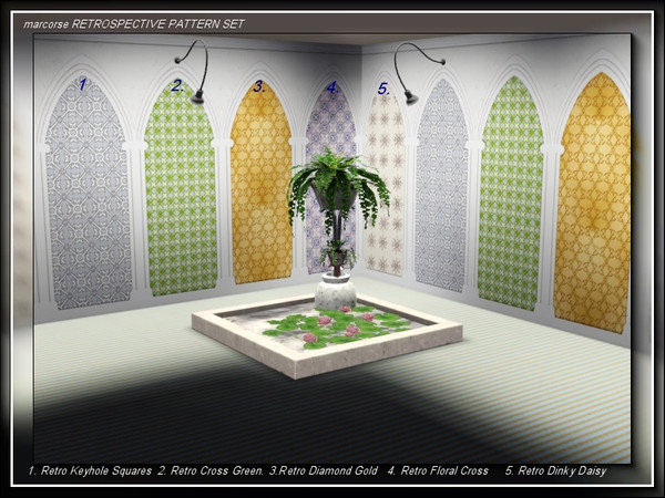 Sims 3 — marcorse_retrospective pattern set by marcorse — Five retro patterns based on geometric/floral shapes.