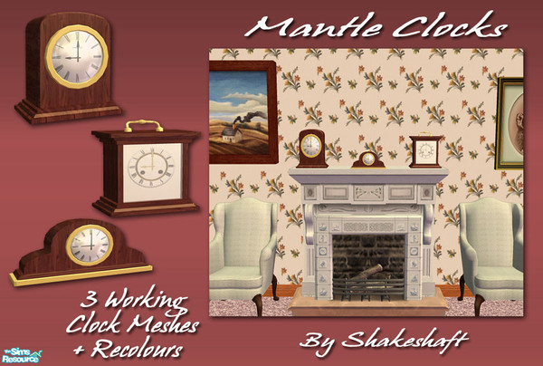 Sims 2 — Mantle Clocks by Shakeshaft — A set of 3 working Mantle Clocks in Wood Textures, the Wood Mantle Clock is a