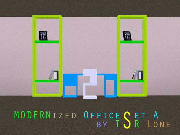 Sims 3 — ModernizedOfficeSetA by AXquireLone — A modern office set which includes a desk, an office chair and a shelf.