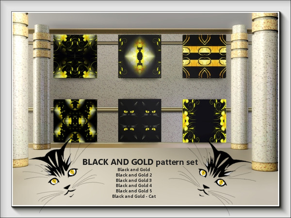 Sims 3 — Black and Gold pattern set by marcorse — Six patterns featuring designs in black and gold. Black and Gold - Cat