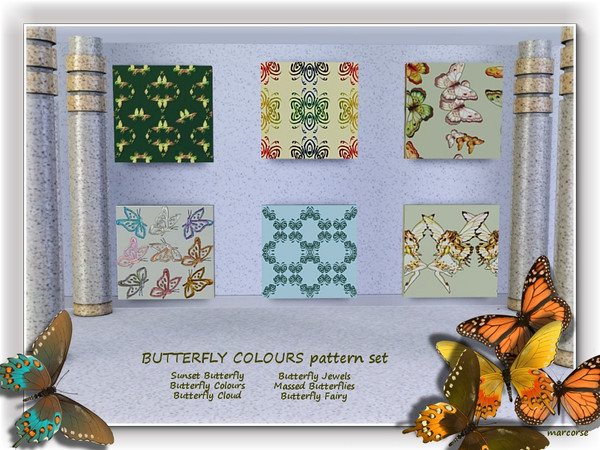 Sims 3 — Butterfly Colours pattern set by marcorse — A set of six butterfly themed patterns. Sunset Butterflies is a