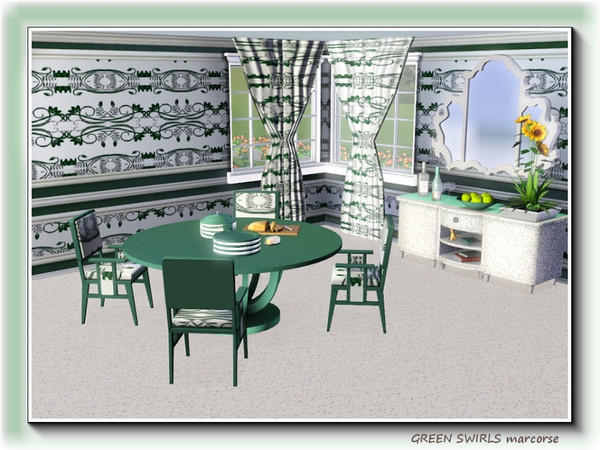 Sims 3 — Green Swirls pattern by marcorse — A horizontal repeat pattern of abstract swirls and curls - green on white.