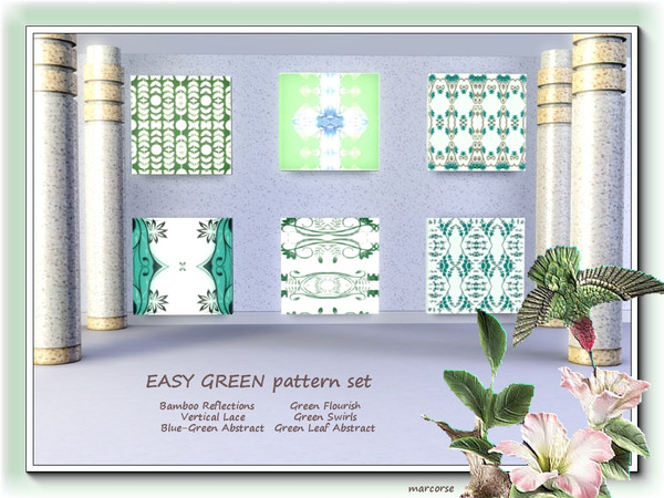 Sims 3 — Easy Green pattern set by marcorse — Easy Green is a set of abstract designs with green as the primary colour.
