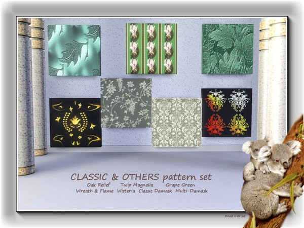 Sims 3 — Classic and Others pattern set by marcorse — A set of seven patterns in the classic style. Wreath and Flame is