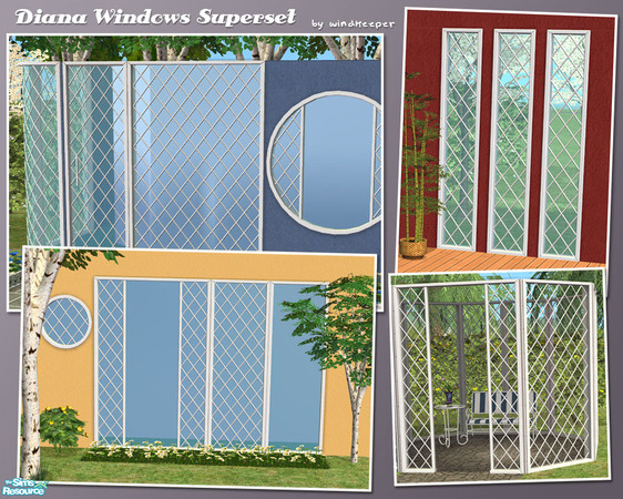 Sims 2 — Diana Windows Superset by Windkeeper — Full wall size modern doors and windows with optional mesh insert.