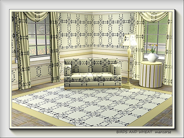 Sims 3 — Birds and Wheat pattern by marcorse — Birds and wheat stalks in a square lattice design on yellow.