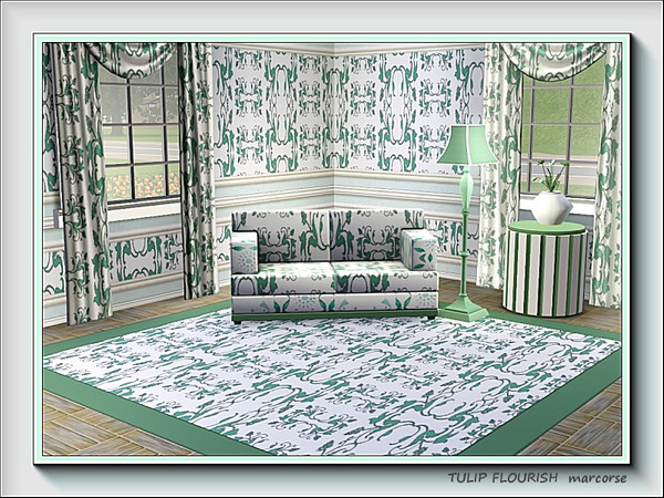 Sims 3 — Tulip Flourish 2 pattern by marcorse — Tulip flowers and flourishes in an abstract green design on white.