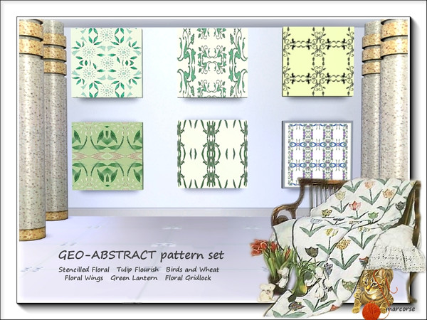 Sims 3 — Geo-Abstract pattern set by marcorse — Six patterns in a combination of geometric and abstract designs. Green