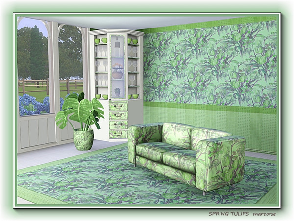 Sims 3 — Spring Tulips pattern by marcorse — Bouquets of Spring tulips in a random repeat design, given a green wash.