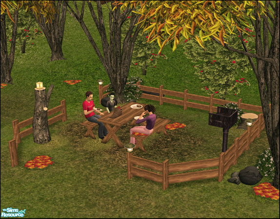 Sims 2 — Fall Picnic Area by sim_man123 — New mesh set, has 7 new items. Table, bench, leaf pile, cornucopia, chopped off