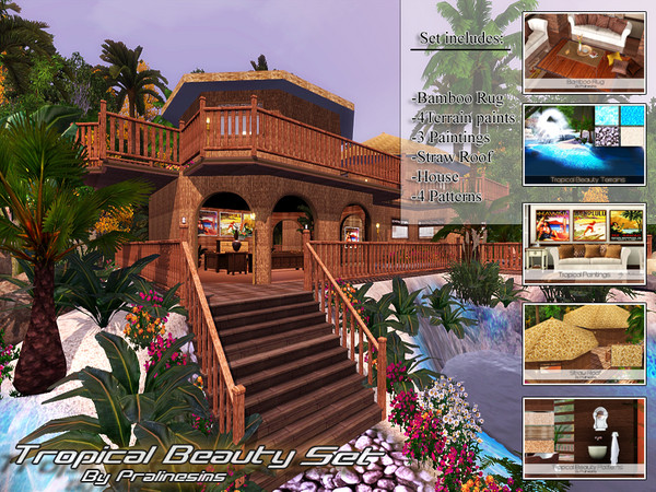 Sims 3 — Tropical Beauty Set by Pralinesims — Set including: -Straw roof -Tropical Beauty House -Bamboo rug -3 Tropical