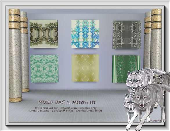 Sims 3 — Mixed Bag 2 pattern set by marcorse — Another 'mixed bag' collection of 6 patterns. Chocbox Grey/Chocbox Green