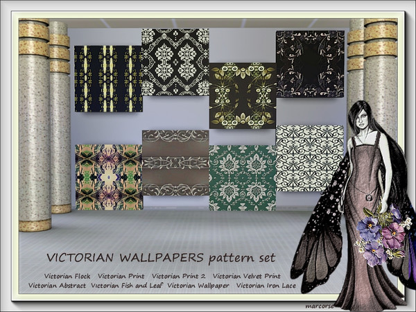 Sims 3 — Victorian Wallpapers pattern set by marcorse — This is a set of eight Victorian wallpaper patterns. All are