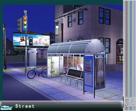 Sims 2 — Street by huabanzhu — there\'s 5 new meshs, Including traffic light, bicycle, bus stop ,Sign and large