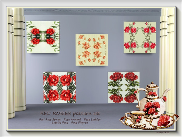 Sims 3 — Red Rosies pattern set by marcorse — Red Rosies comprises 5 Fabric patterns, all of which feature red roses.