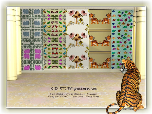 Sims 3 — Kid Stuff pattern set by marcorse — Six colourful patterns suitable for boys and girls. Sneakers and Tiger Cubs