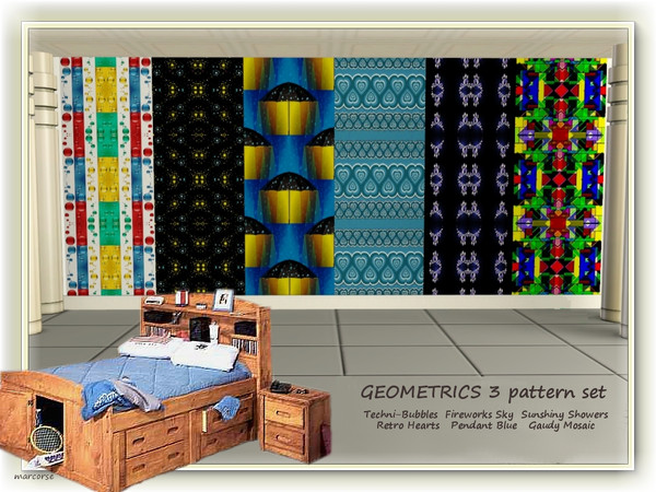 Sims 3 — Geometrics 3 pattern set by marcorse — A set of 6 patterns, suitable for teens/young adults' rooms. Sunshiny