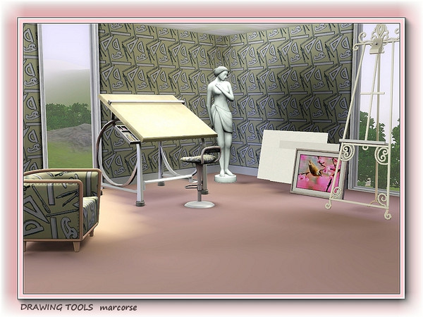 Sims 3 — Drawing Tools pattern by marcorse — A set of draughtsman's tools in a regular repeat pattern on pale yellow.