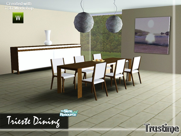 Sims 3 — Trieste Dining by Trustime — My first set: a modern dining set. It has 7 objects: a dining table and chair, a
