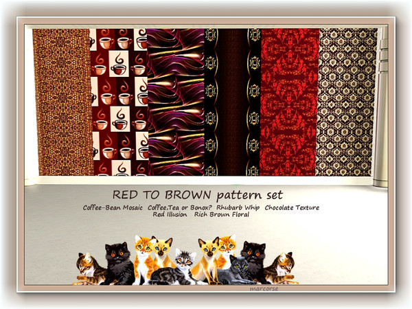 Sims 3 — Red to Brown pattern set.. by marcorse — Red to Brown is a collection of 5 patterns [4 Fabric, 2 Themed (the