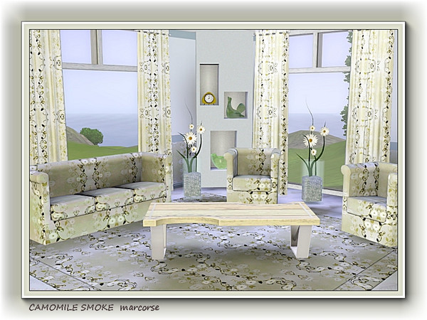 Sims 3 — Camomile Smoke pattern by marcorse — Camomile flowers in a circular design on a smokey, yellow/grey background