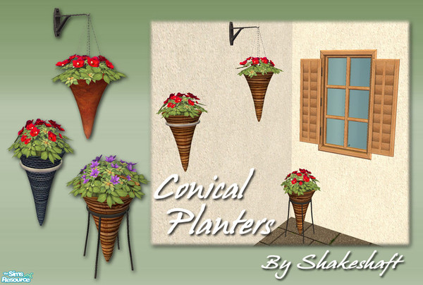 Sims 2 — Conical Planters by Shakeshaft — A set of conical shaped planters for your sims patios, two wall mounted and one