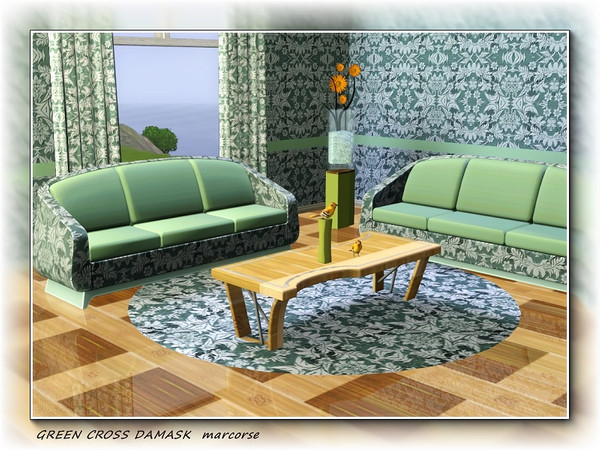 Sims 3 — Green Cross Damask pattern by marcorse — A traditional Damask design utilising a cross, leaf and flower motif in