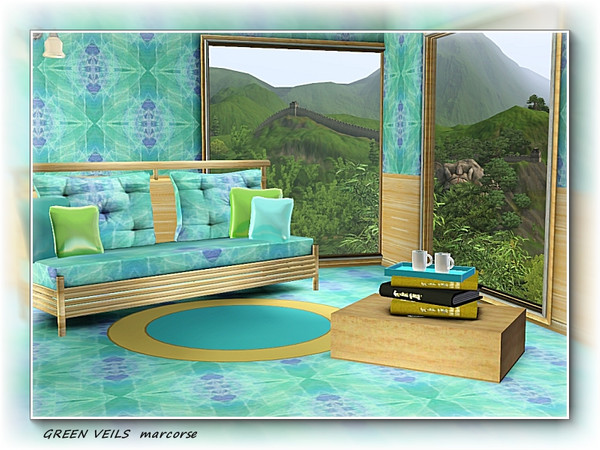Sims 3 — Green Veils pattern by marcorse — Filmy green 'veils' layered on a blue and green abstract pattern.