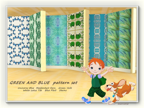 Sims 3 — Green and Blue pattern set by marcorse — This set comprises 5 Fabrics and 1 Geometrics pattern [Blue Plait], in
