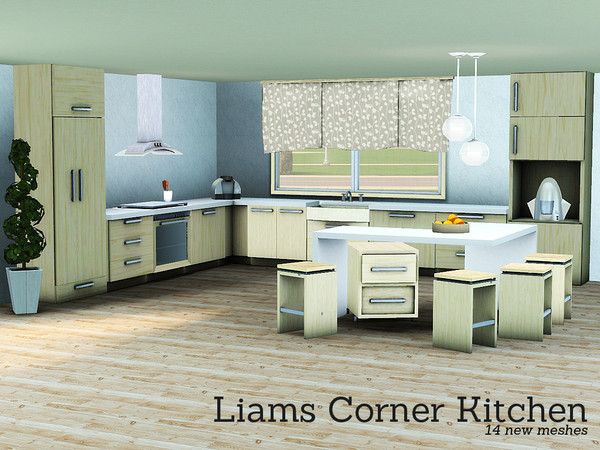 Sims 3 —  Liams Corner Kitchen by Angela — Warm light Cedarwood kitchen with modern touches. Can ofcourse be adjusted to