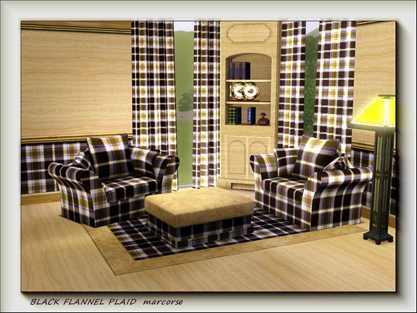 Sims 3 — Black Flannel Plaid pattern by marcorse — A flannel plaid in black, green and white overchecked in blue.