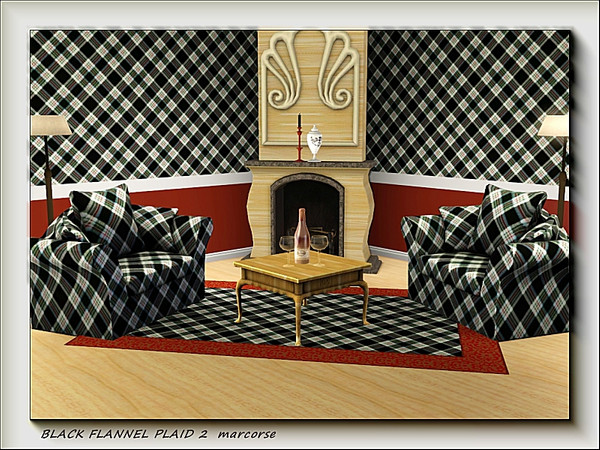 Sims 3 — Black Flannel Plaid 2 pattern by marcorse — Another flannel check in black and white with a red overcheck.