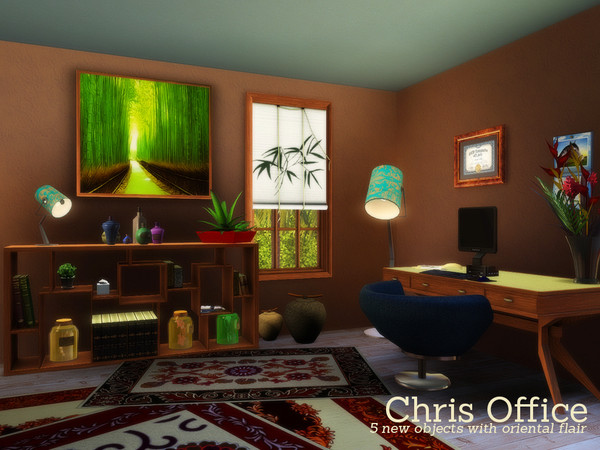 Sims 3 — Chris Office by Angela — Chris Office, a small office set with some oriental flair. Set contains: Bookcase,