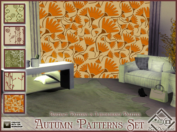 Sims 3 — Autumn Patterns Set by Devirose — Autumn colors and shapes, for these 5 patterns,in 3 recolorable palettes,