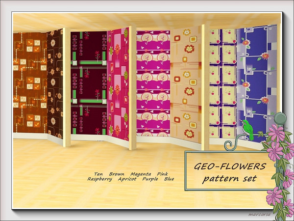 Sims 3 — Geo-Flowers pattern set by marcorse — This set of 8 Fabric patterns features flowers and geometric shapes in