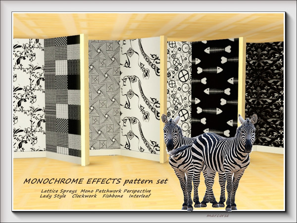 Sims 3 — Monochrome Effects pattern set by marcorse — Monochrome Effects is a set of 7 patterns in black, white and grey