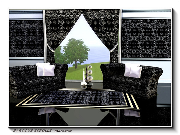 Sims 3 — Baroque Scrolls pattern by marcorse — Baroque scrolls in a regular square pattern repeat in grey on black