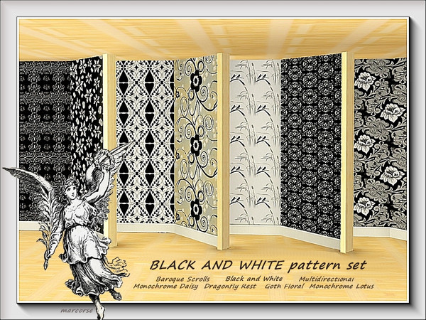 Sims 3 — Black and White pattern set by marcorse — This set comprises 6 black and white patterns. All are Fabrics, except