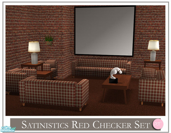 Sims 2 — Satinistics Red Checker by DOT — Satinistics, Sofa, Chair, Chair with pillow, LoveSeat with pillow, All to match