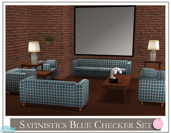Sims 2 — Satinistics Blue Checker by DOT — Satinistics, Sofa, Chair, Chair with pillow, LoveSeat with pillow, All to