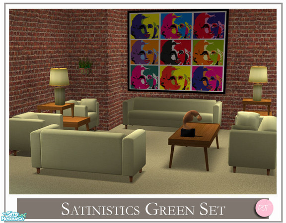 Sims 2 — Satinistics Green by DOT — Satinistics, Sofa, Chair, Chair with pillow, LoveSeat with pillow, All to match