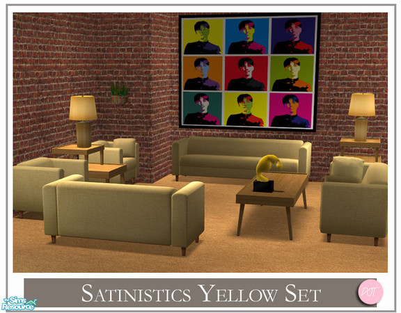 Sims 2 — Satinistics Yellow by DOT — Satinistics, Sofa, Chair, Chair with pillow, LoveSeat with pillow, All to match