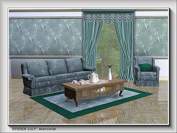 Sims 3 — Spider Lily pattern by marcorse — Single spray of spider lily in a diagonal repeat pattern, white on green.