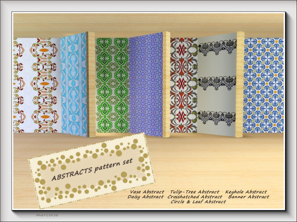 Sims 3 — Abstracts pattern set by marcorse — A collection of 7 abstract patterns to be found under the Abstracts tab. All