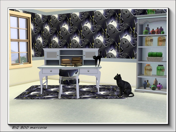 Sims 3 — Big Boo pattern by marcorse — A big, smiling grey ghost says BOO! The background includes the usual Halloween