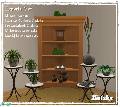 Sims 2 — Experia Set by Mutske — Set of 12 new meshes. 1 corner cabinet with 5 slots. 1 pedestalset with 3 slots. And 10