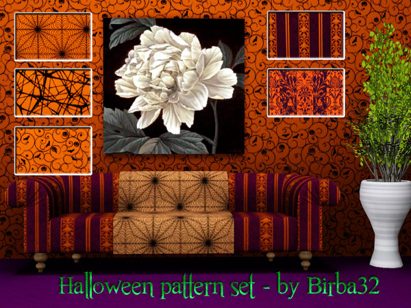 Sims 3 — Halloween patterns by Birba32 — Trick or treat? Pumpkins, bats and cobwebs to decorate the walls and sofas on