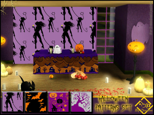Sims 3 — Halloween Patterns Set by Devirose — Pumpkins, witches, bats, fun to customize walls, clothing, textiles, all to
